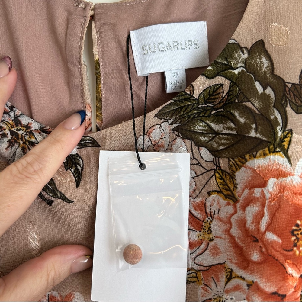 Sugarlips Beige Floral Maxi Dress with Coral & Green Accents - Picture 4 of 6